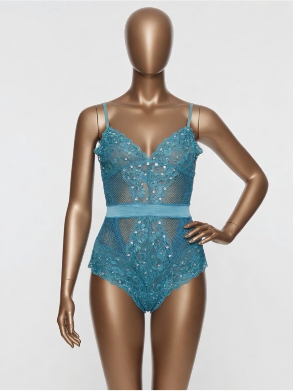 Teal Floral Lace Mesh Bodysuit Teddy - Women Intimates